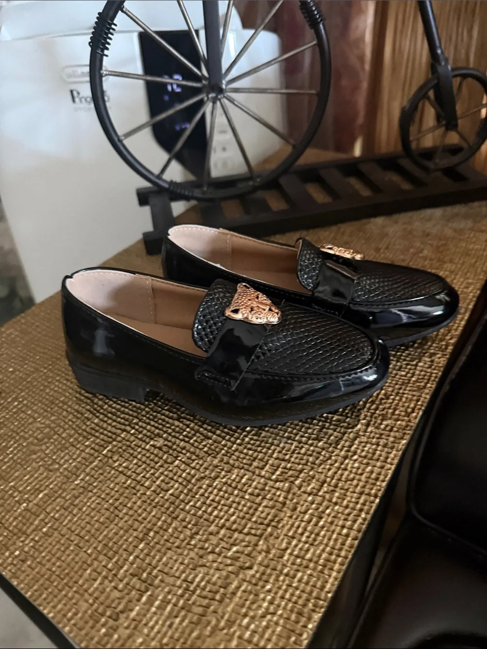 Girls Black Moccasin Loafers with Gold Cat Accent